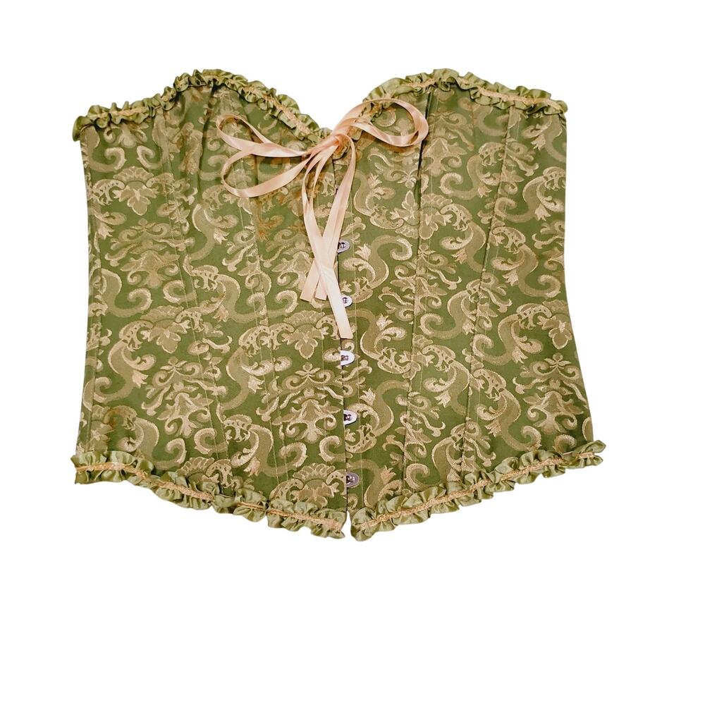 Women Large Lace Up Burlesque Boned GreenCream Floral Corset Brocade Bustier Top